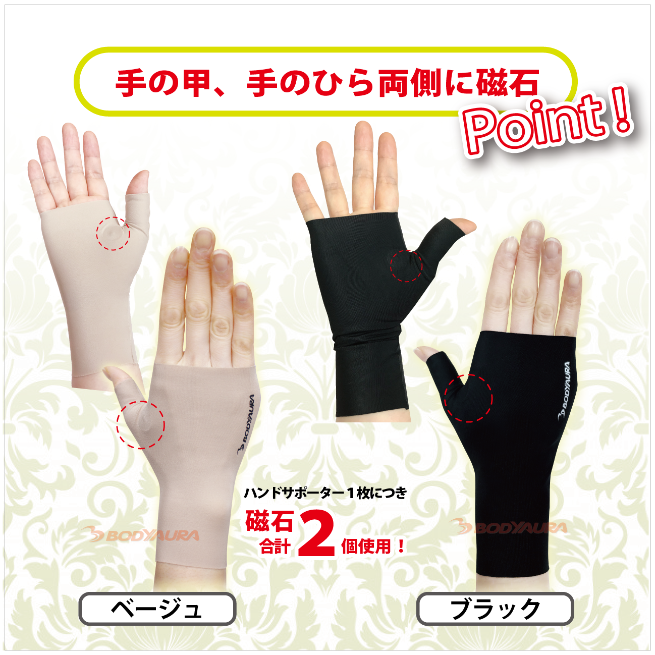 磁気サポーターBODYAURAハンドサポーター 2つの磁石で血行促進！