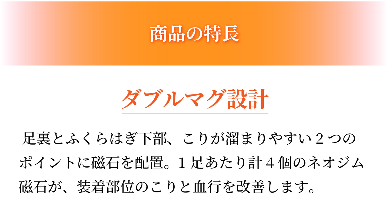磁気レッグウエアWISELEGダブルマグくつ下 特長 ダブルマグ設計
