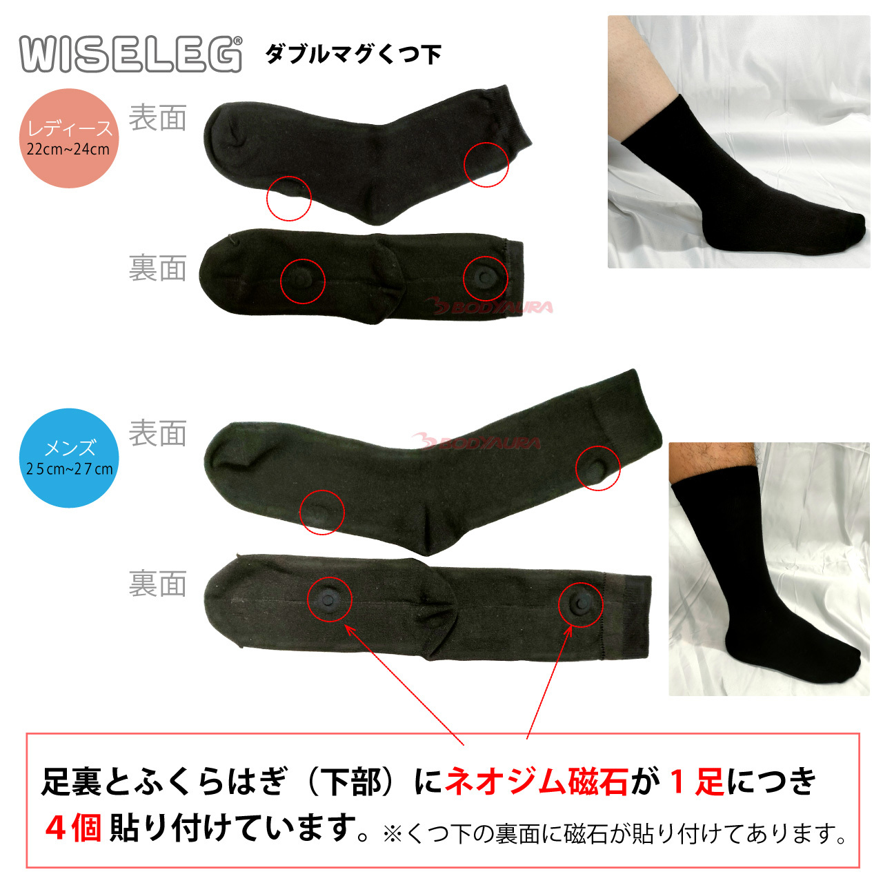 磁気レッグウェア WISELEG(ワイズレック）ダブルマグ くつ下 