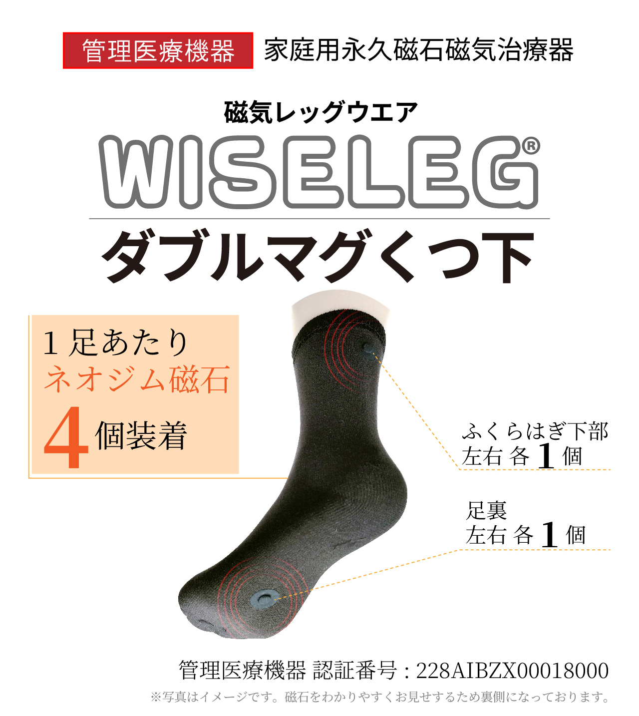 管理医療機器 磁気レッグウエアWISELEGダブルマグくつ下 1足あたりネオジム磁石4個装着